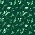 Watercolor seamless pattern with green herbs and leaves on green background