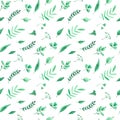 Watercolor seamless pattern with green herbs and leaves on white background