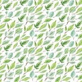 Watercolor seamless pattern of green leaves. Spring eternal background. Early springtime greenery