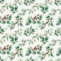 watercolor seamless pattern green mistletoe sprigs with red berries on a white background Royalty Free Stock Photo