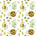 Watercolor seamless pattern of green olives, flowers and olive oil isolated on a white background. Royalty Free Stock Photo