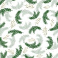 Watercolor seamless pattern with green pine branches and gold holly leaves. Sprig of pine hand drawn for wrapping paper Royalty Free Stock Photo
