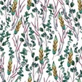 Watercolor seamless pattern with green and pink eucalyptus branches and feathers. Hand painted delicate floral pattern Royalty Free Stock Photo