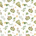 Watercolor seamless pattern with green pumpkins, leaves, branches on a white background Royalty Free Stock Photo