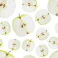 Watercolor seamless pattern with green sliced apples.