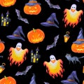 Watercolor seamless pattern of halloween bright elements. Jack O Lantern, ghost and bat.