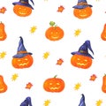 Watercolor seamless pattern of halloween pumpkin in witch hat.