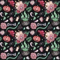 Watercolor seamless pattern on Halloween with skulls, bones, pumpkin ghosts, snakes, spiders, potion, candies,