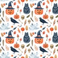 Watercolor seamless pattern with Halloween symbols isolated on white background. Royalty Free Stock Photo