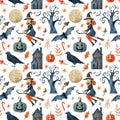 Watercolor seamless pattern with Halloween symbols isolated on white background. Royalty Free Stock Photo