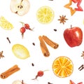 Watercolor seamless pattern with hand drawn elements lemon, orange, cinnamon sticks, apples, rose hips and spices isolated on Royalty Free Stock Photo