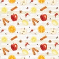 Watercolor seamless pattern with hand drawn elements lemon, orange, cinnamon sticks, apples, rose hips and spices on striped Royalty Free Stock Photo