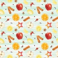 Watercolor seamless pattern with hand drawn elements lemon, orange, cinnamon sticks, apples, rose hips and spices on striped Royalty Free Stock Photo