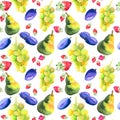 Watercolor seamless pattern with hand drawn fresh juicy fruits