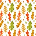 Watercolor autumn oak leaves seamless pattern Royalty Free Stock Photo