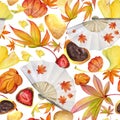 Watercolor seamless pattern with hand drawn traditional Japanese sweets. Wagashi, mochi, autumn maple leaves. Isolated Royalty Free Stock Photo