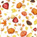 Watercolor seamless pattern with hand drawn traditional Japanese sweets. Wagashi, mochi, autumn maple leaves. Isolated Royalty Free Stock Photo