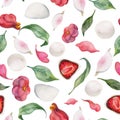 Watercolor seamless pattern with hand drawn traditional Japanese sweets. Wagashi, mochi, camellia flowers. Isolated on Royalty Free Stock Photo