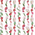 Watercolor seamless pattern with hand drawn traditional Japanese sweets. Wagashi, mochi, camellia flowers. Isolated on Royalty Free Stock Photo