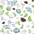Watercolor seamless pattern with hand drawn traditional Japanese sweets. Wagashi, mochi, summer flowers. Isolated on Royalty Free Stock Photo