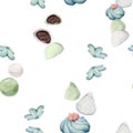 Watercolor seamless pattern with hand drawn traditional Japanese sweets. Wagashi, mochi, summer flowers. Isolated on Royalty Free Stock Photo