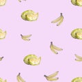 Watercolor seamless pattern with hand-drawn yellow bananas and melons on a light pink background Royalty Free Stock Photo