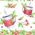 Watercolor seamless pattern. Hand painted cup of hot drink with knitted case, rowan and leaves. Christmas floral border Royalty Free Stock Photo