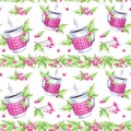 Watercolor seamless pattern. Hand painted cup of hot drink with knitted case, rowan and leaves. Christmas floral border Royalty Free Stock Photo