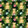 Tropical nursery seamless pattern with cute cartoon little lion cub, green palm leaves and exotic flowers on dark green background Royalty Free Stock Photo