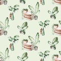 Watercolor seamless pattern of hand painted house potted houseplant. green plants in flower pots. Scrapbooking paper background of