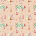 Watercolor seamless pattern. Hand painted illustration of antumn forest. Nature scenery with mountain, trees, leaves, fire on logs Royalty Free Stock Photo