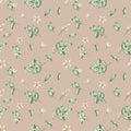 Watercolor seamless pattern. Hand painted illustrations of green leaves and beige flowers with five petals. Tropical citrus Royalty Free Stock Photo