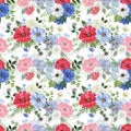 Watercolor seamless pattern with hand-painted red and blue flowers. Botanical print Royalty Free Stock Photo