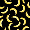 Watercolor seamless pattern with hand yellow bananas on black background. Kids background illustration. Hand drawn