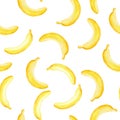 Watercolor seamless pattern with hand yellow bananas on white background. Kids background illustration. Hand drawn