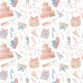 Watercolor Seamless Pattern for Happy Birthday. Hand drawn Background with cakes, gift boxes, balloons and party Royalty Free Stock Photo