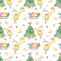 Watercolor seamless pattern of happy christmas spruce rat cheese gifts