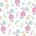 Watercolor seamless pattern happy easter cute girl bunny with air balloons flowers Royalty Free Stock Photo
