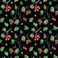 Watercolor seamless pattern of hawberry shrub. Autumn forest concept. Hawthorn background