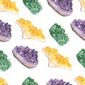 Watercolor seamless pattern with healing crystals of emerald, citrine, amethyst Royalty Free Stock Photo