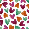 Watercolor seamless pattern with hearts. Abstract watercolor green,purple, orange, red heart background. Royalty Free Stock Photo