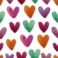 Watercolor seamless pattern with hearts. Abstract watercolor green,purple, orange, red heart background Royalty Free Stock Photo