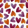 Watercolor seamless pattern with hearts. Abstract watercolor ,purple, orange, red heart background. Royalty Free Stock Photo
