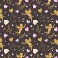 Watercolor seamless pattern with hearts, angels, wings, keys, arrows.