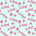 Watercolor seamless pattern, hearts background, word love, February 14 for Valentine's Day, pastel mint color background