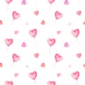 Watercolor seamless pattern with hearts and balloons  for Valentine`s Day isolated on white background Royalty Free Stock Photo