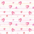 Watercolor seamless pattern with hearts and balloons  for Valentine`s Day on striped background Royalty Free Stock Photo