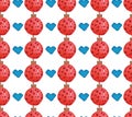 Watercolor seamless pattern with hearts and balls. Winter new year theme. Christmas textile and paper