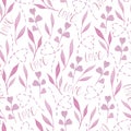 Watercolor seamless pattern with hearts, pink leaves and word love.