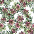 Watercolor seamless pattern with hellebore flowers. Hand painted snowberry, fir branch and leaves, berry isolated on Royalty Free Stock Photo